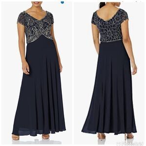 NWT J Kara V-Neck Beaded Cap Sleeve V Neck Maxi Evening Sheath beaded grey Dress